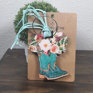 Tipi Luggage Tag Teal Cowgirl Western‎ Boots Floral Print Travel ID Holder-Wood